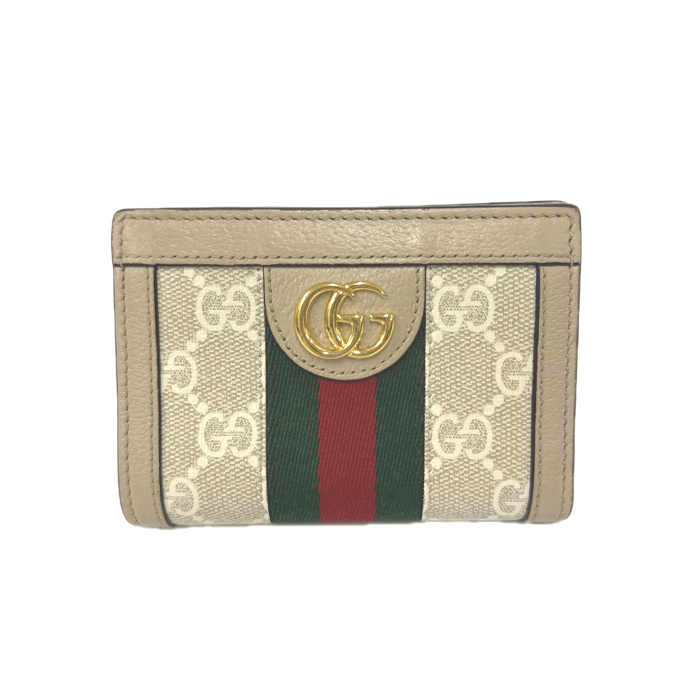 GUCCI Ophidia GG Supreme Bi-fold Wallet 813296 Beige Green Red Grained Calf L...